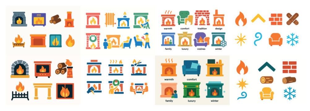 Home comfort icons with fireplace sofa armchair colorful