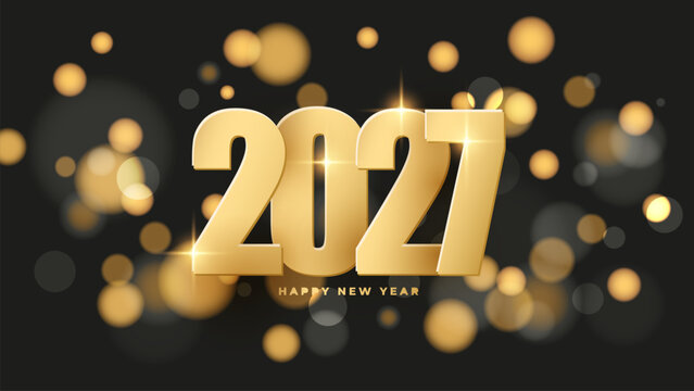 2027 Happy New Year banner. Gold color. New Year 2027 bright holiday background. Bokeh lights. Vector illustration.