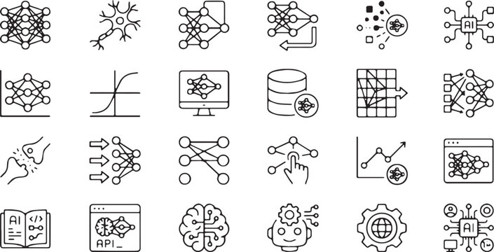Neural Networks, Deep Learning Architecture, and Artificial Intelligence Algorithm Vector Line Icons Set (Includes Machine Learning Nodes, Biological Neuron, Synapse, Cognitive Brain, and API Integrat