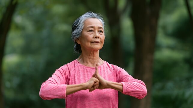 A calm elderly person engages in gentle exercise radiating tranquility and peaceful well being under balanced illumination