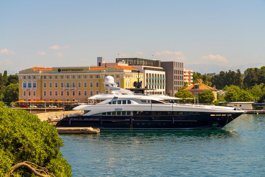 Zadar, Croatia - May 26, 2026: AGRAM is a 44-meter (144 ft) luxury motor superyacht built by the Dutch shipyard Heesen Yachts. Moored in front of Hyatt Regency hotel in Zadar, Croatia.