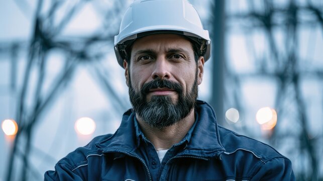 Electrical Engineer in Hard Hat at High Voltage Power Substation