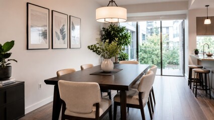 Fototapeta premium Modern dining room featuring a wooden table with beige chairs, decorative plant centerpiece, and large windows overlooking greenery in a contemporary apartment setting