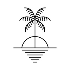 Logo agencia de viajes. Vacaciones de verano. Dibujo minimalista con líneas de una palmera en el horizonte, con el sol asomando por detrás y su reflejo en el mar  © teracreonte