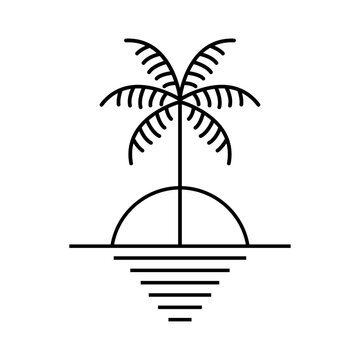 Logo agencia de viajes. Vacaciones de verano. Dibujo minimalista con l&iacute;neas de una palmera en el horizonte, con el sol asomando por detr&aacute;s y su reflejo en el mar 