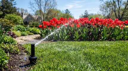 Obraz premium Colorful Flowers And Healthy Grass Maintained During Spring Season Inspection. Brightly Colored Tulips And Lush Green Grass Are Carefully Watered During Routine Spring Garden Maintenance