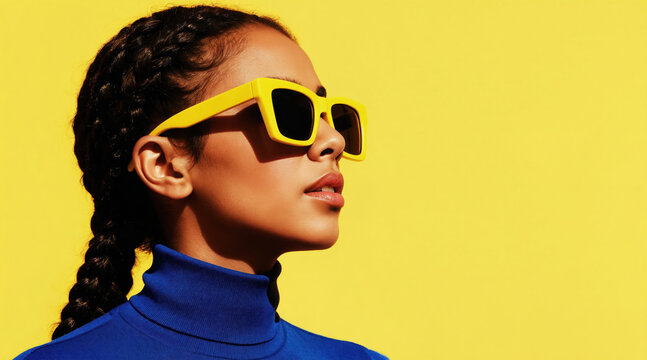 Woman with braided hair wears bright yellow sunglasses and blue turtleneck. She looks up with confidence against a vibrant yellow background. Bold fashion statement.