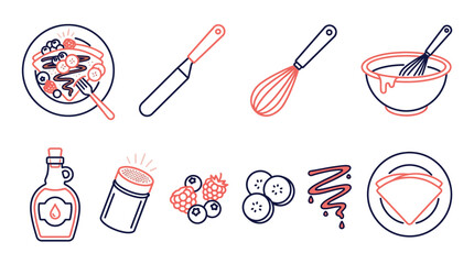 Collection of flat design icons for making pancakes and crepes, including ingredients and tools. © indira