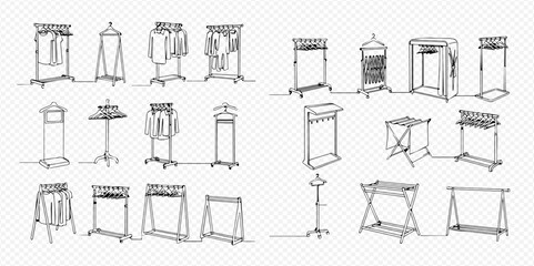 Set of hand-drawn sketches of various garment racks, clothes hangers, and retail display stands for fashion stores and boutiques. © Lunara Arts