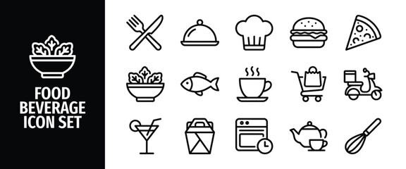 Food and beverage icon set, vector illustration of kitchenware, restaurant menu items, and delivery symbols in a simple line art style © Abir Creative Studio