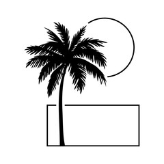 Logo agencia de viajes. Vacaciones de verano. Dibujo minimalista con la silueta de una palmera con un marco cuadrado y un círculo con líneas  © teracreonte