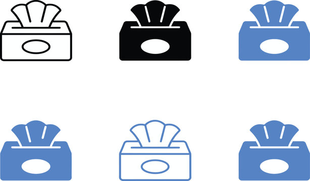 Set of tissue box icons in two by three layout featuring outline black and blue color variations with clean modern design