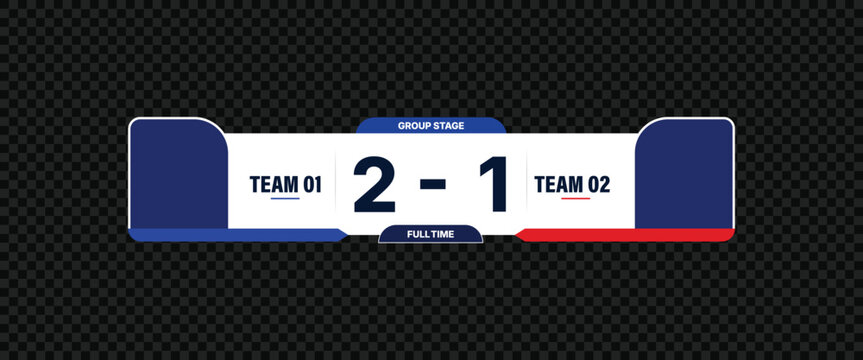 Sports scoreboard broadcast graphic template with team names and final score soccer or football match result overlay design with blue and red accents
