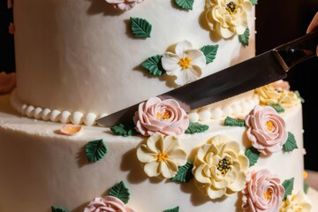 Obraz premium Hand cuts elegant floral wedding cake. Two tier dessert with cream frosting decorated with sugar flowers. Celebration moment of sweetness and togetherness.