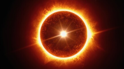 Fototapeta premium Sun corona brightens during solar eclipse. Fiery plasma flares erupt from luminous ring. Dark shadows contrast with brilliant solar disk radiating light.