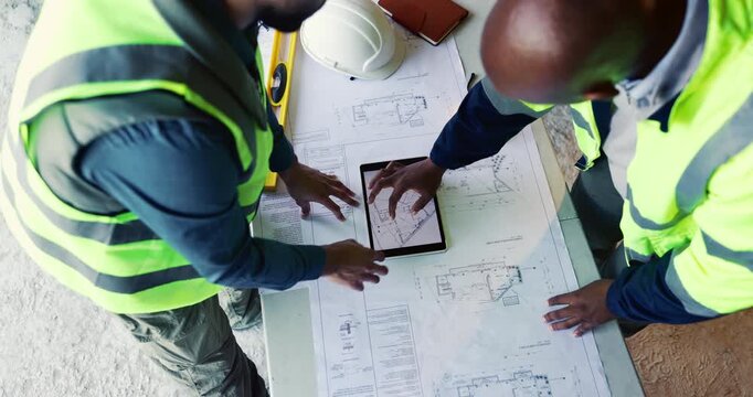 Architect, hands and team at tablet screen with floor plan, design update or app for property development. Above, people and tech with blueprint for engineering, project discussion and collaboration