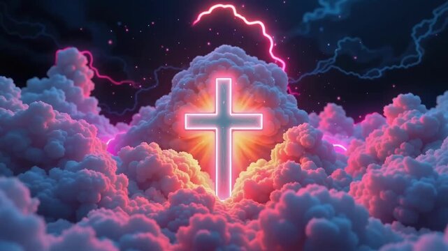 Radiant Cross Illuminating Dramatic Clouds Under Dark Stormy Sky at Night