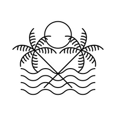 Logo agencia de viajes. Vacaciones de verano. Dibujo minimalista con líneas de dos palmeras cruzadas en el horizonte, con un sol en el cielo y olas onduladas © teracreonte