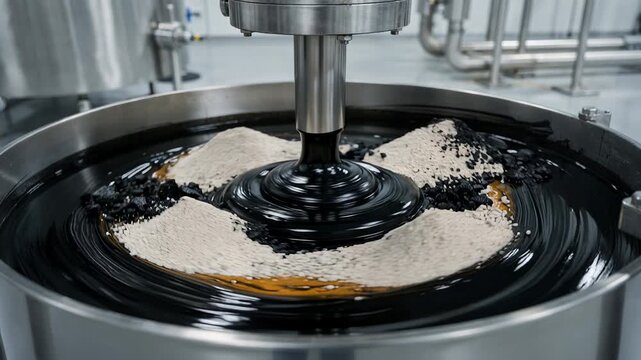 Medium shot capturing specialty coal tar binder blending with additives illustrating customized formulation for advanced batterygrade applications.