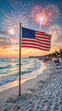 American flag on beach with fireworks at sunset