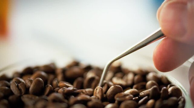 In a lab, a technician carefully examines coffee beans with tweezers, surrounded by scientific equipment. The precise inspection supports detailed research on bean quality and flavor development