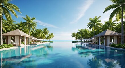 Fototapeta premium Stunning luxury tropical resort infinity pool with palm trees at a sunny beach