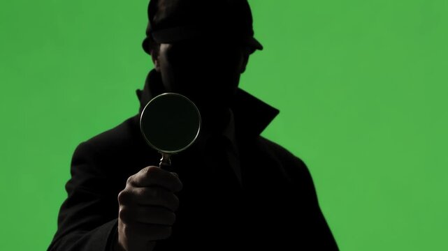 Silhouetted Detective in Trench Coat and Deerstalker Hat Holding Magnifying Glass Investigating Mysteries