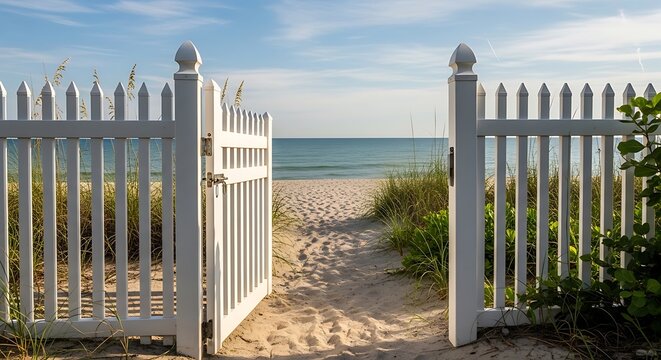 A white gate opening onto a sunny tropical beach for a summer travel concept