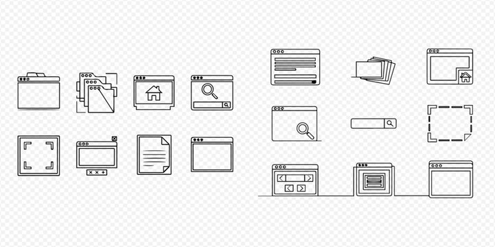 Set of outline web browser window and file folder icons for user interface and experience design.