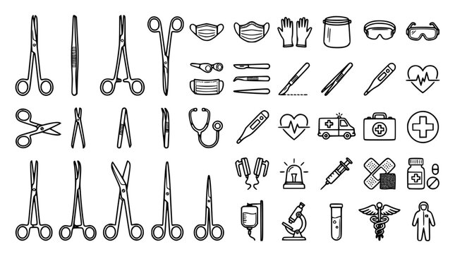 Medical equipment surgery tools and healthcare clinic thin line icons set for professional hospital interface design
