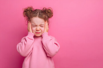 Fototapeta premium Caucasian child girl covering her ears playfully feeling pressured and stressed portrait isolated on pink background. Blank space