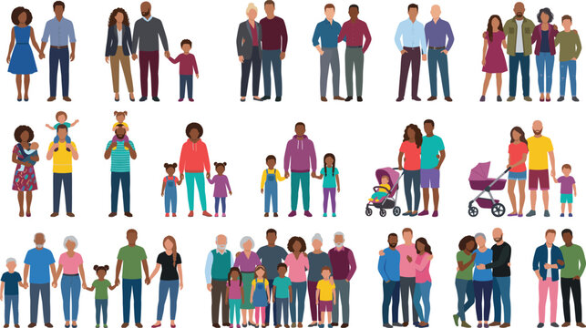 Diverse collection of multicultural family silhouettes couples and parents with children standing together for community concepts