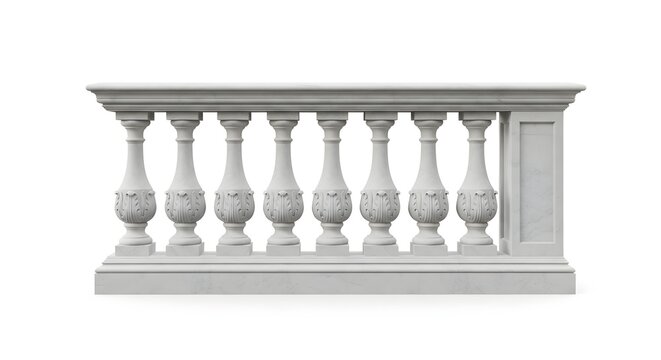 Classic white marble balustrade with ornate balusters isolated on white background