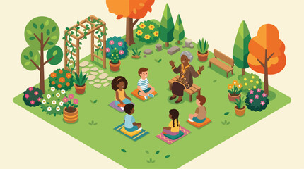 Naklejka premium Elder Storytelling Session in a Peaceful Garden for Children Learning Outdoors