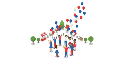 Fototapeta premium Diverse Community Celebrating Together with Red White and Blue Balloons in Park Illustration for Unity Events