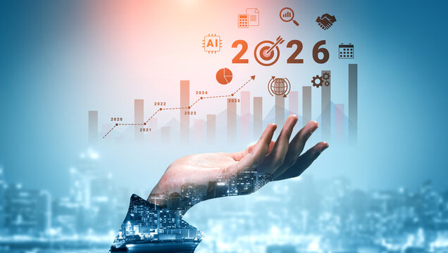 Bar graphs, charts, and number 2026 with AI and data analysis icons symbolizing future business innovation and analytics Parse