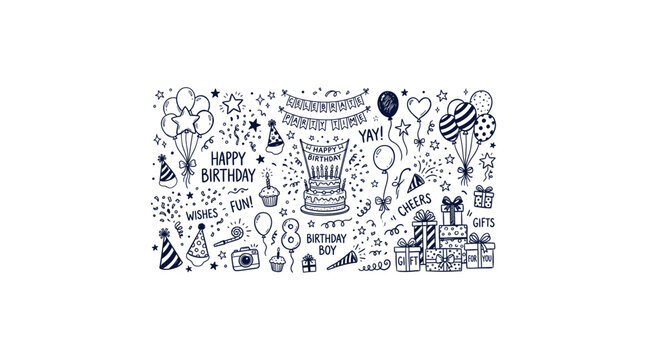   Hand drawn birthday party doodle set with cake balloons gifts