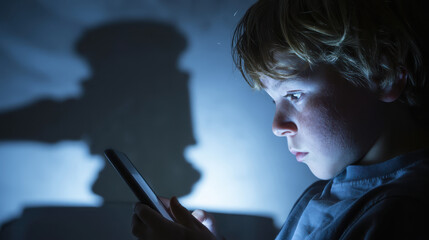 a young boy looking at a glowing smartphone screen at night with a large judges gavel shadow looming on the wall behind him