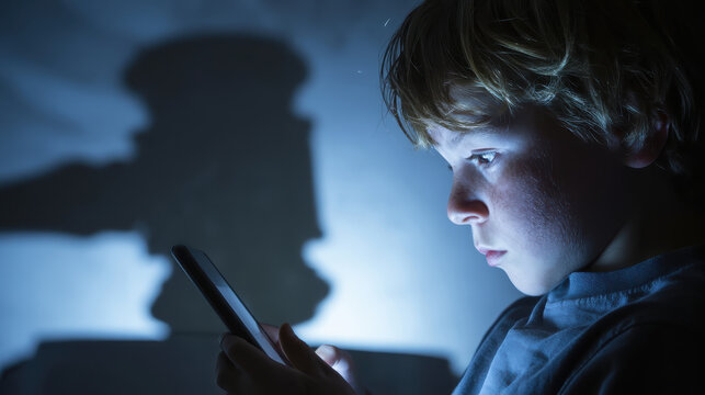 a young boy looking at a glowing smartphone screen at night with a large judges gavel shadow looming on the wall behind him