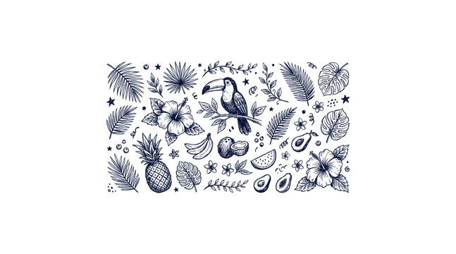 Hand drawn tropical doodle collection toucan palm hibiscus fruit