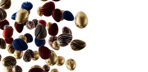 3D render of vibrant, textured Easter eggs in gold, red and blue, floating on white. Perfect for holidays, greetings, a © vegefox.com