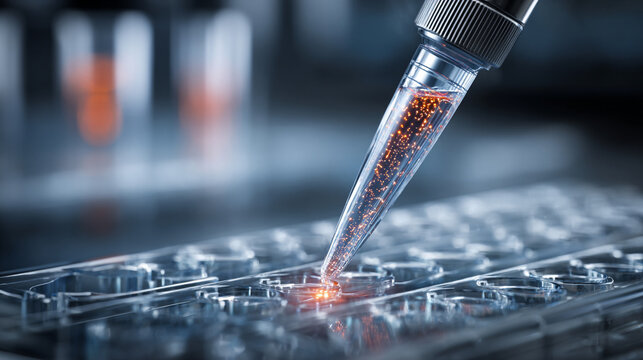 Laboratory pipette dispensing glowing orange liquid into a microplate for scientific research.