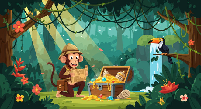 Adventurous Monkey Finds Treasure in Lush Jungle with Toucan