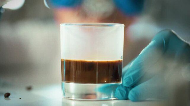 In laundry laboratory, a researcher carefully experiments to develop an organic instant coffee formula, blending natural beans and additives while conducting precise lab tests to perfect the new brew