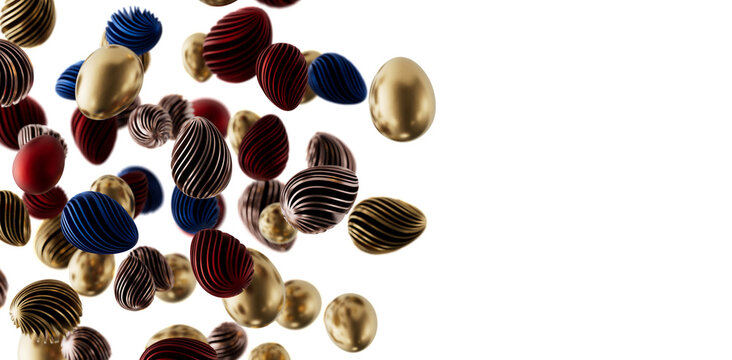 Decorative Easter egg background of metallic golden, red, blue, and brown eggs floating in the air against a bright whi
