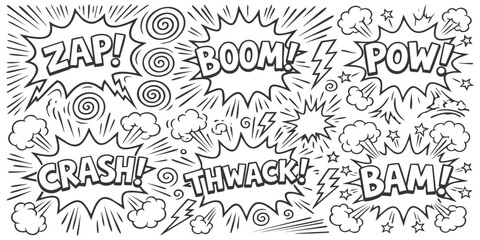 Set of hand drawn comic book sound effects with speech bubbles and explosive action lines for dynamic design © ZenVectors