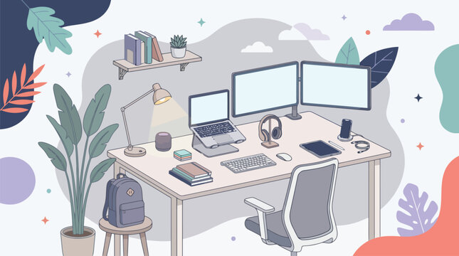 An illustration of a modern home office desk setup with multiple monitors and a laptop in a cozy room.