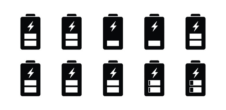 Battery icon set displaying variable charge levels for mobile