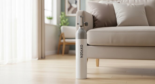 Oxygen tank at home with soft couch in bright living room. Oxygen tank is positioned near soft seating area, contributing to a comfortable environment.