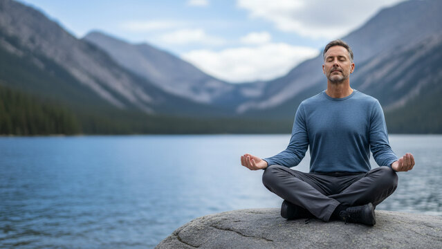 Mindfulness by mountain lake, calm breathing in nature